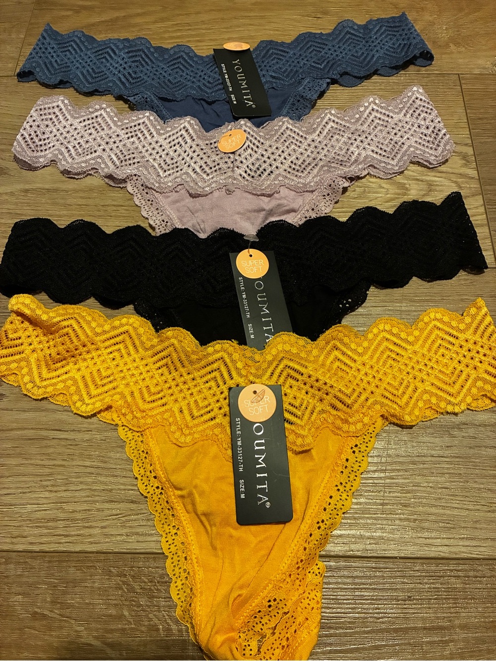 Youmita Lace Cheeky Thong Set in Blue, Lavender, Black, and Yellow
